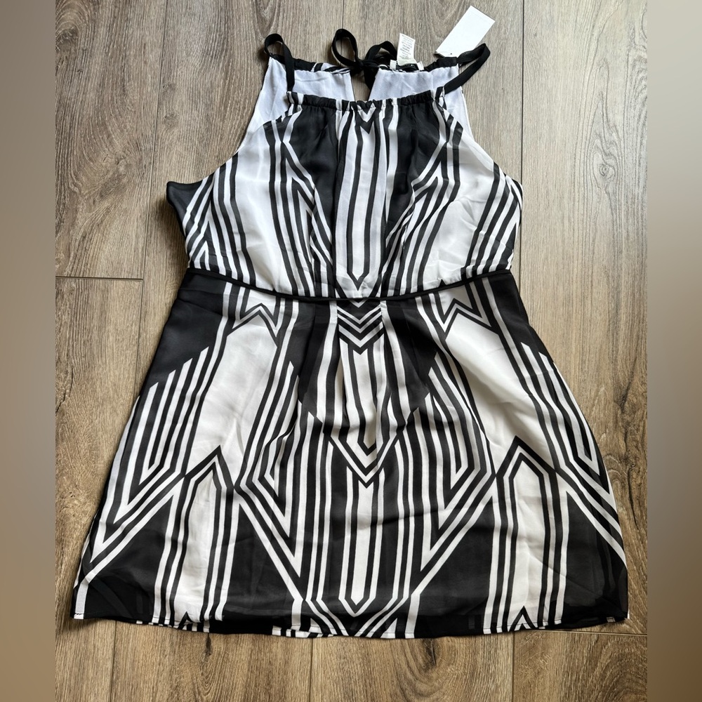 Cache Black and White Halter Mini Dress- L
